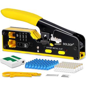Solsop Pass Through RJ45 Crimp Tool Kit All-in-One Ethernet Crimper Cat7 Cat6 Cat5 Crimping Tool with Network Cable Tester, 50-Pack Cat6 RJ45 Pass Through Connector, 50-Pack Connector Boots 6P/8P Crimper Kit&Tester