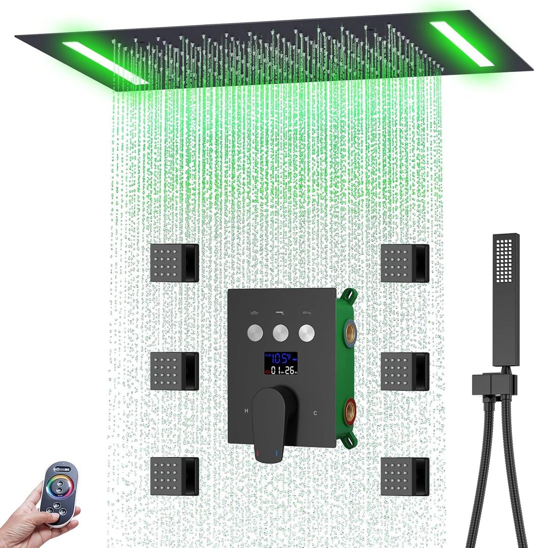 Digital Display Shower Faucet Set With 14x20 Inch LED Rainfall Shower Head,Brass Handheld Sprayer And 6pcs Body Jets,Full Body Shower System (Matte Black)