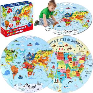 2 Sets World Puzzle United States Map Puzzle with Poster World and US Geography Jumbo Round Floor Puzzles Jigsaw for Kids Ages 35 Educational Learning Toys Puzzles Valentines Birthday Gift 70 Pieces