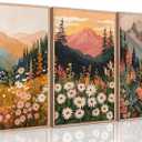 3 Pcs Boho Daisy Mountain Canvas Wall Art Abstract Flower Wildflower Sunset Paintings Pictures Wall Decor Colorful Floral Botanical Landscape Poster Print Artwork for Living Room Bedroom Unframed