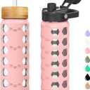 MUKOKO Glass Water Bottles, 24oz Glass Tumbler with Straw, Drinking Bottles with 2 Lids-Handle Spout Lid&Bamboo Straw Lid, Motivational Water Bottle with Time Marker and Silicone Sleeve, 1 Pack-Pink