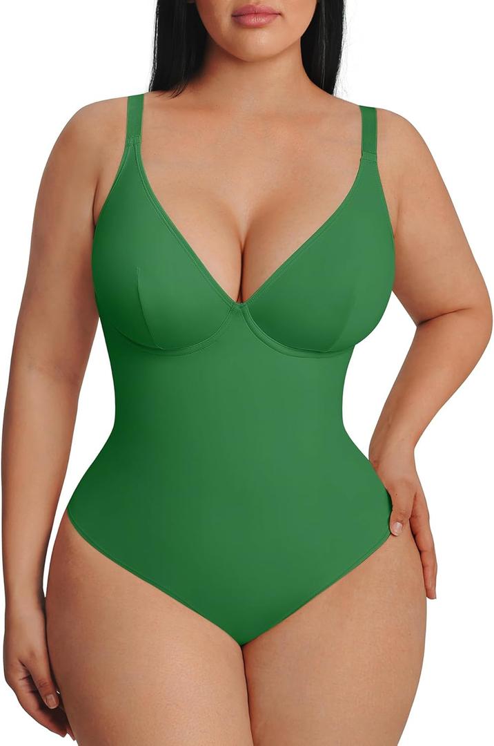 FeelinGirl Shapewear Bodysuits for Women Tummy Control Body Suits Deep V Neck Thong Body Shaper (Green, M)