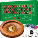 20'' Wooden Roulette Wheel Game Set Include 20'' Solid Wood Roulette Wheel with 4 Roulette Balls 35" x 16" Rubber Portable Roulette Tabletop Layout Mat 100 Chips Roulette Marker Dealer Button