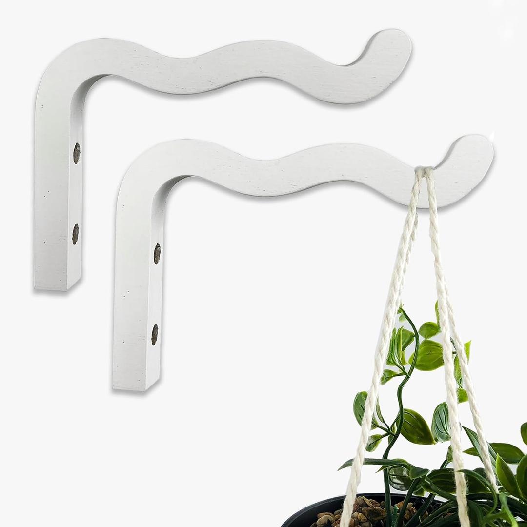 EvenWood 2-Piece Set of Wavy Wooden Wall Planters for Indoor Plants 6 Inch - Natural Plant Hook for Wall Plant, Wind Chimes, Flower Brackets, Patio Garden Decorations - Bracket Plant Hanger (White)