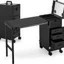 Rolling Manicure Table Foldable Nail Desk 4 Drawers, Makeup Organizer Blueteeth Speaker on Wheels, Travel Makeup Case with LED Mirror TSA Lock for Technician Workstation Salon
