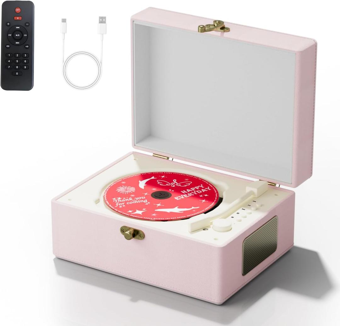 Yintiny Time Music Box CD Player with Speakers; Bluetooth Transmitter; Festival Gift; BGM Player for Home Decor (Pink)