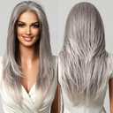 testar 13×6 HD Lace Front Wig Gray Wigs for Women 22 Inch Long Straight Silver Wig Natural Layered Hair Glueless Wig Synthetic Silver Lace Front Wigs Middle Part Halloween/ Party/ Daily Use (Hand Tied)