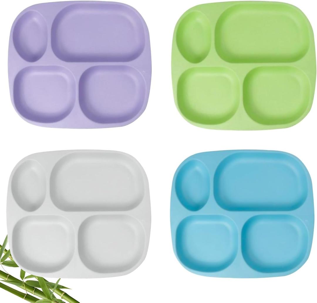 shopwithgreen Bamboo Divided Plates for Kids Adults - Dinnerware Set for Toddlers Kids Children Baby, Toddler Dinner Plates, BPA Free, Stackable, Dishwasher Safe, 9.4 inch, Set of 4 (Ocean)