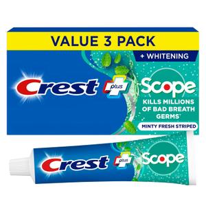 Crest + Scope Whitening Toothpaste - Pack of 3, 5.4 Oz Tubes - Anticavity Fluoride Toothpaste, Fresh Breath, Kills Germs - Tartar Protection, Enamel Protection - Minty Fresh Flavor