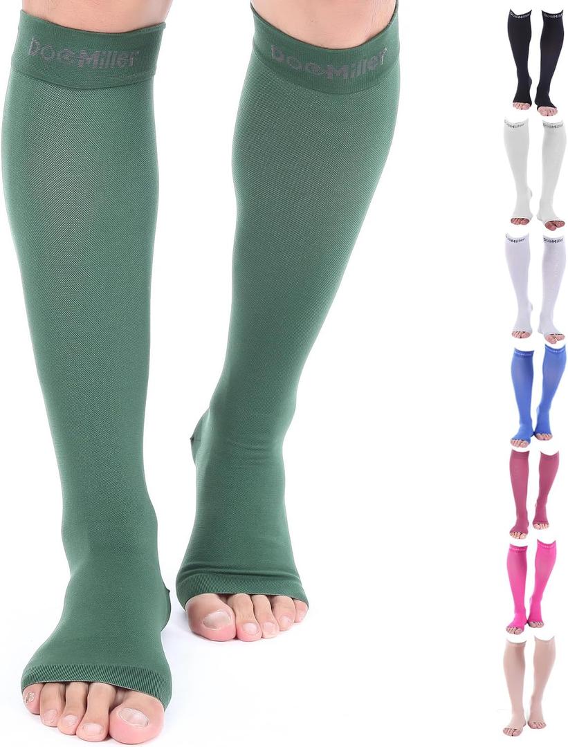 Doc Miller Open Toe Compression Socks for Women & Men 1520 mmHg, Knee High Calf Support Sleeves, Graduated Stockings for Swelling Recovery, Circulation, 1 Pair (Large Regular, Dark Green)