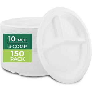 Freshware Paper Plates - Disposable 10" Plate, 150-Pack, Biodegradable Sugarcane Dinner Plates - Heavy Duty Dinnerware - Microwave & Freezer Safe, Stackable Dinnerware - 3-Compartment