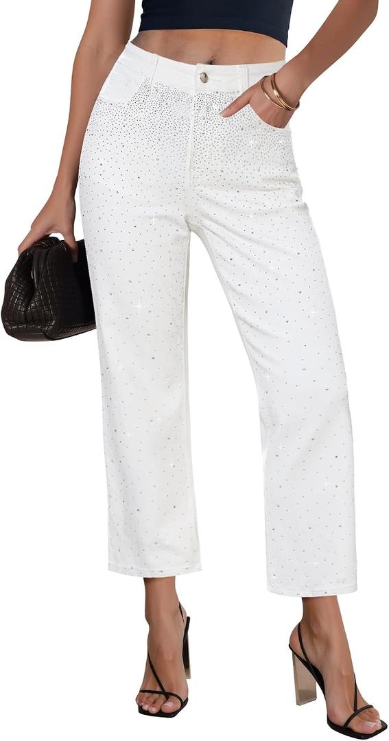 GRAPENT Cropped Jeans for Women High Waisted Straight Leg Embellished Rhinestone Concert Party Night Out Sparkly Jeans (White, M)