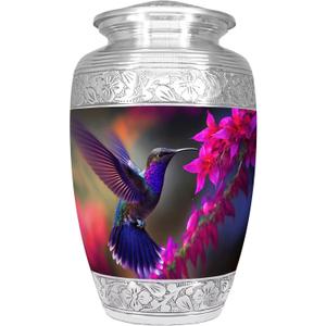 Urn for Ashes for Women & Men, Cremation Urns for Human Ashes Adult Female & Male, Funeral Decorative Urns for Burial, Hand Engraving, Purple Hummingbird Urn, Flower & Bird - Large Full Size