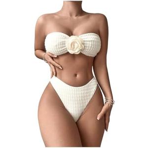 SHENHE Women's Strapless High Cut Bikini Set 3D Rosette Flower 2 Piece Bandeau Swimsuit Large SHENHE Women's Strapless High Cut Bikini Set 3D Rosette Flower 2 Piece Bandeau Swimsuit Large