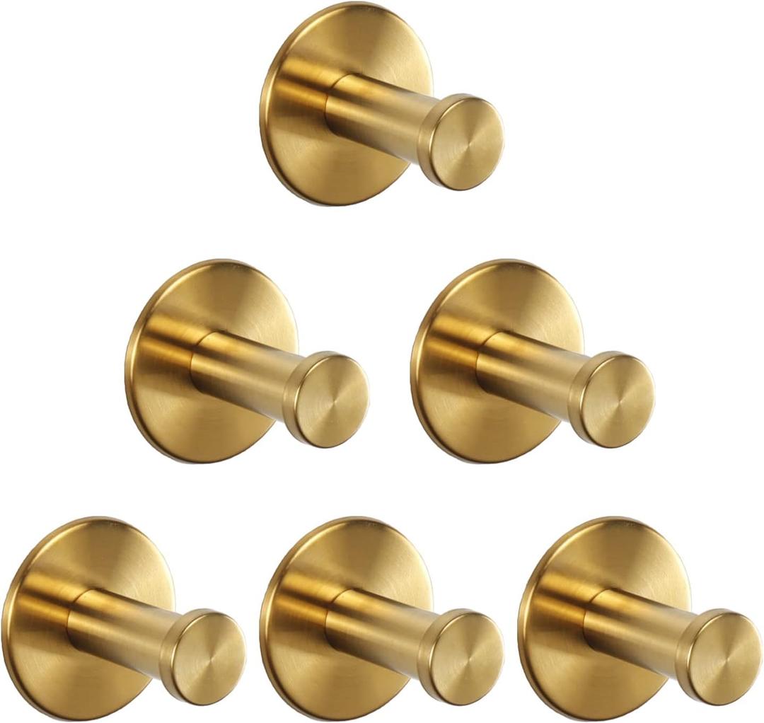 Bath Towel Hooks, 6 Pack Self Adhesive Coat Hooks, Sturdy No Drilling Robe Hook, SUS 304 Stainless Steel Heavy Duty Clothes Hanger, Wall Hooks for Bathroom Bedroom Kitchen (2 in, Gold)