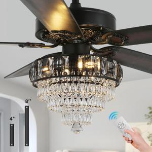 Modern Crystal Ceiling Fans with Lights and Remote Control, Farmhouse Retro Black Ceiling Fan Light, 52 Inch Fandelier Ceiling Fan for Living Room, Dining Room, Bedroom, Office