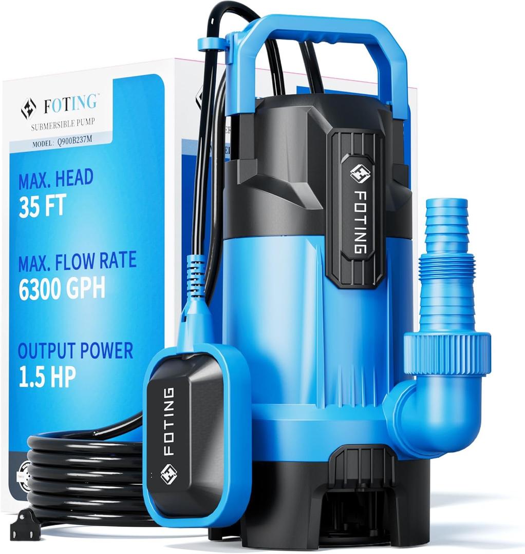 FOTING 1.5HP Sump Pump, 6300GPH High Flow Clean&Dirty Submersible Water Pump, Thermoplastic Electric Portable Utility Pump for Pool Draining Hot Tub Garden Basement