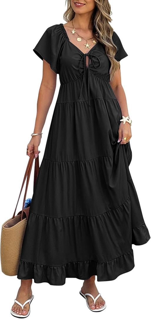 ECOWISH Womens Summer Maxi Dress 2025 Flutter Short Sleeve V Neck Tie Front Wedding Guest Vacation Tiered Flowy Dresses, Medium, Black