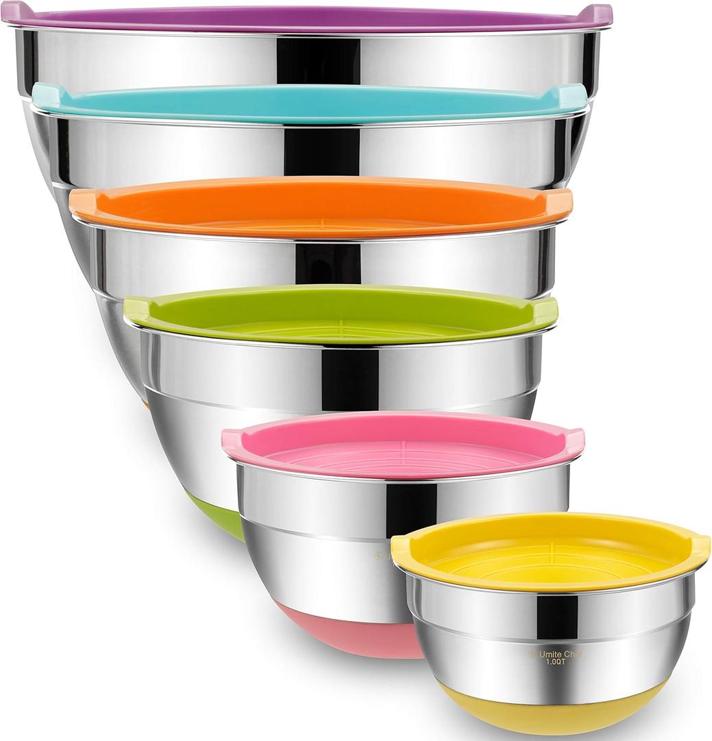 Umite Chef Mixing Bowls with Airtight Lids, 6 Piece Stainless Steel Metal Bowls, Measurement Marks & Colorful Non-Slip Bottoms Size 7, 3.5, 2.5, 2.0,1.5, 1QT, Great for Mixing & Serving (Multicolor)