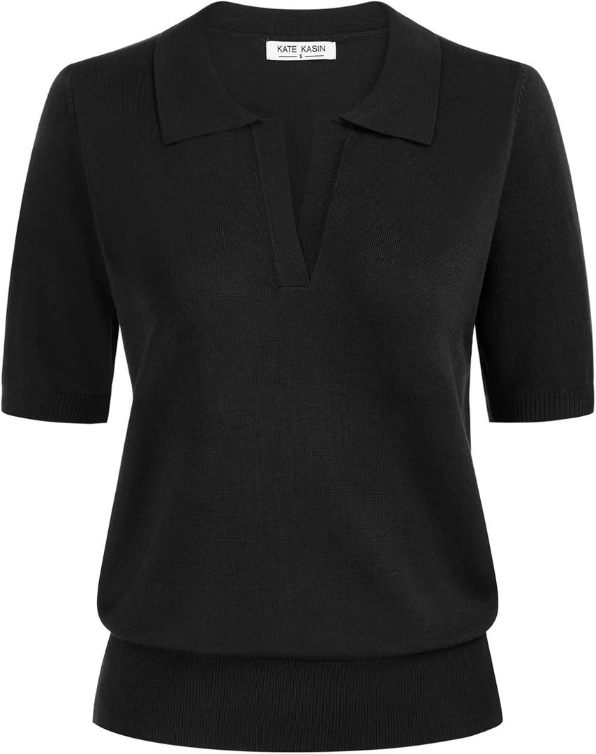 Kate Kasin Women Short Sleeve Polo Sweater V Neck Knitted Tops Casual Ribbed Shirt Loose Pullover Sweater (Large, Black)