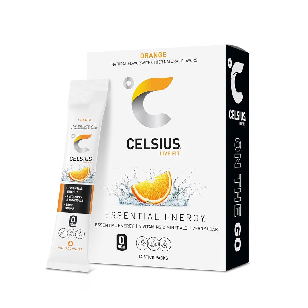 CELSIUS On-the-Go Powder Stick Zero Sugar (14 Sticks per Pack), Orange, 2.60 Oz