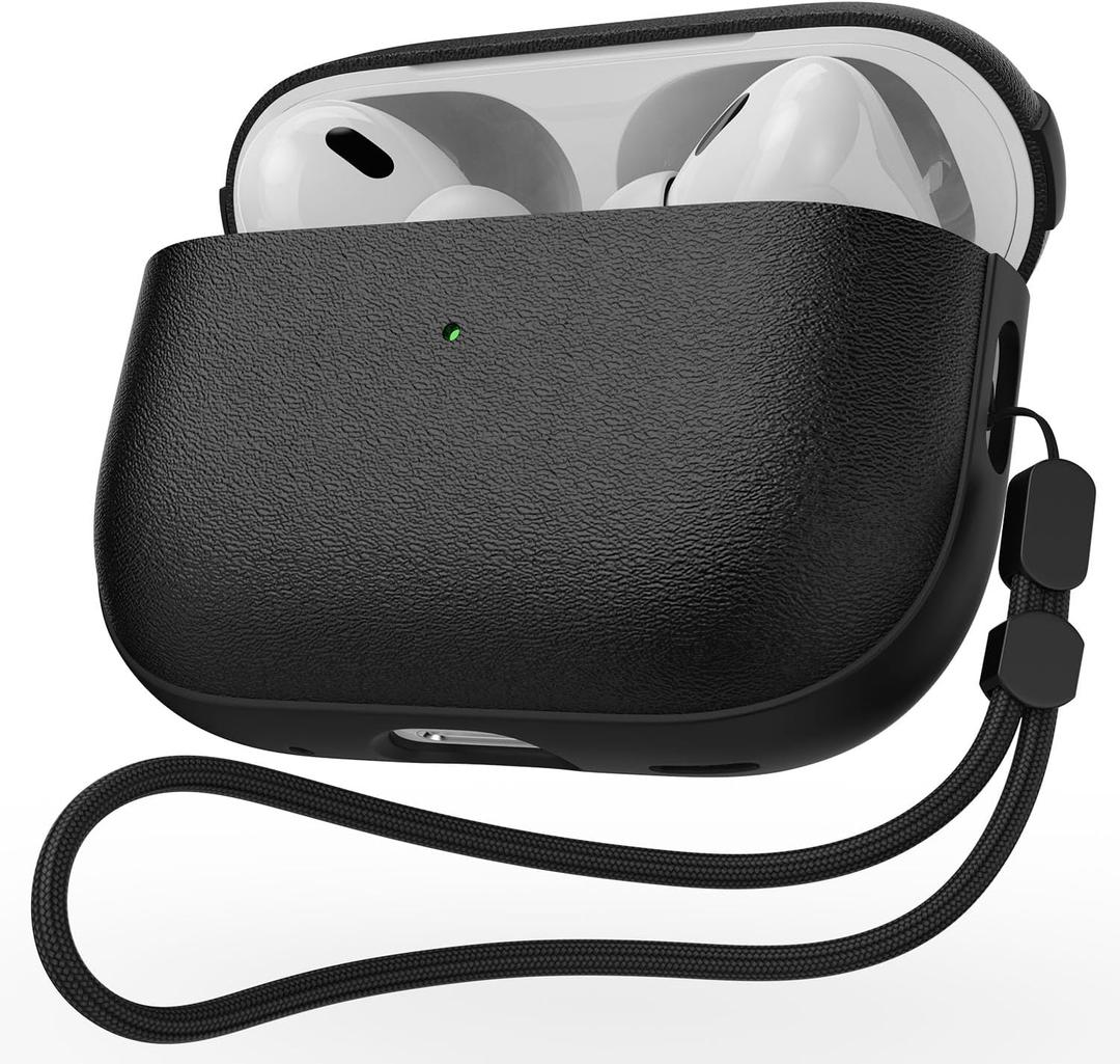 JIELIELE for AirPods Pro 3 Case, Leather Texture Cover Compatible with Airpods Pro 3rd Generation(2025)Full Drop Protective case with Lanyard, Supports Wireless Charging, Front LED Visible Black