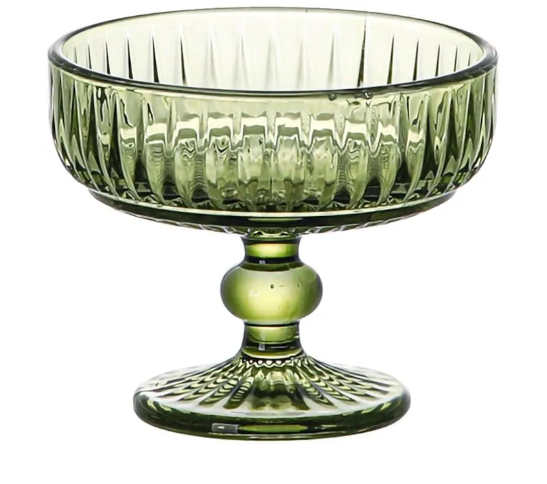 WAIT FLY Vintage Embossed Stripe Glass Dessert Bowl, Footed Trifle Bowl Ice Cream Bowl Serving Bowl-Green Pack of 6