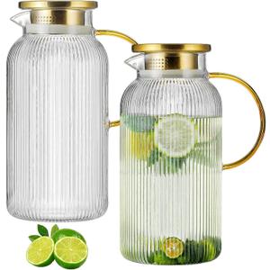 Buaic 2 PACK Glass Pitcher with Lid, 84oz/2.5L Liter Classic Vertical Stripes Water Pitcher,Glass Water Carafe for Cold Brew, Coffee, Lemonade, Iced Tea,Sun Tea, Beverage, Heat Resistant