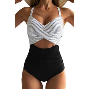 Eomenie Women's One Piece Swimsuits Tummy Control Cutout High Waisted Bathing Suit Wrap Tie Back 1 Piece Swimsuit Black Striped, Size M