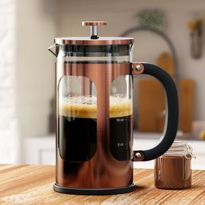 BAYKA 21 Ounce 0.6 Liter French Press Coffee Tea Maker Small, Heat Resistant Thickened Borosilicate Glass Stainless Steel Single Serve Brewer, Cold Brew Cafetera Teapot, Copper