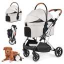 T6 Luxury Pet Stroller for Medium Dogs Up to 66lbs or 2 Small Pets 3-in-1 Dog & Cat Stroller with Removable Carrier, Foldable & Lightweight (Beige)