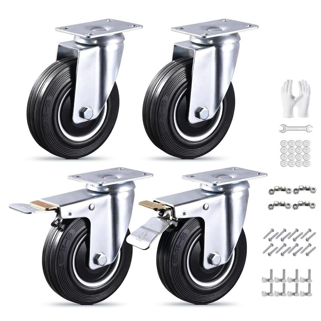 5 Inch Caster Wheels Set of 4 Heavy Duty, 1120 Lbs Dust-Proof Rubber Casters, Locking Swivel Wheels for Workbench, Cart, Furniture & Tool Box (Hardware Kits & Gloves Included)