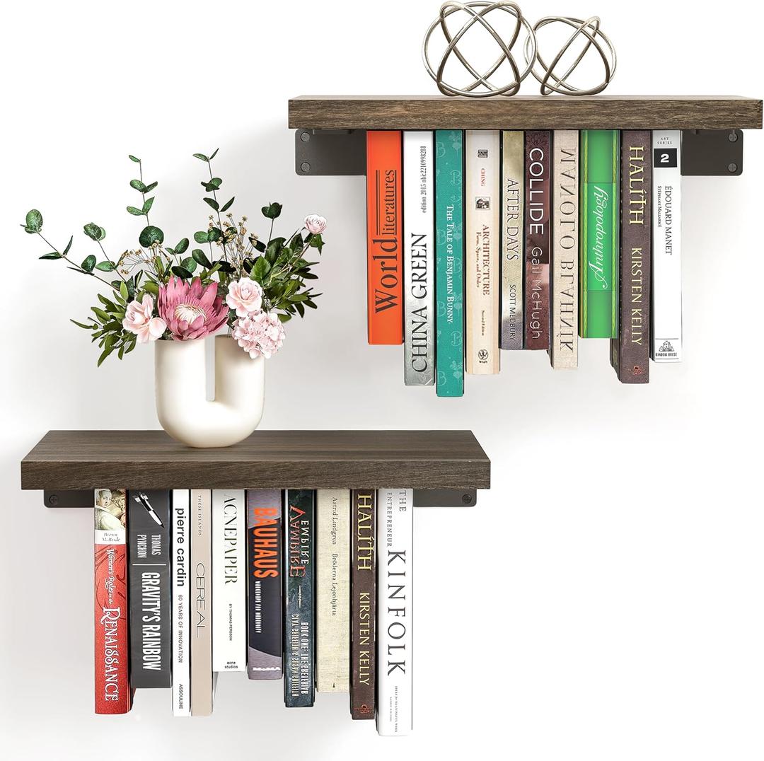 2 Set of Floating Bookshelf with Super Load-Bear Shelf Brackets, Paulownia Wood Invisible Bookshelf, Hanging Bookshelves for Wall, Unique Space Saving Wall Bookcase