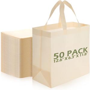 Reginary 50 Pieces Reusable Totes Bag Bulk Shopping Bags Non Woven Grocery handbag with Handles Foldable for Boutiques(Beige)