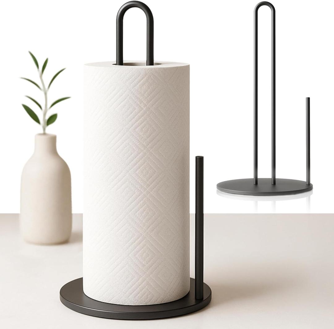 Paper Towel Holder for Kitchen, Black Powder Coated Steel, 2.4 lb Extra Heavy Base for Stability, Easy Assembly, Free-Standing Paper Towel Stand, Minimal Scandinavian Design