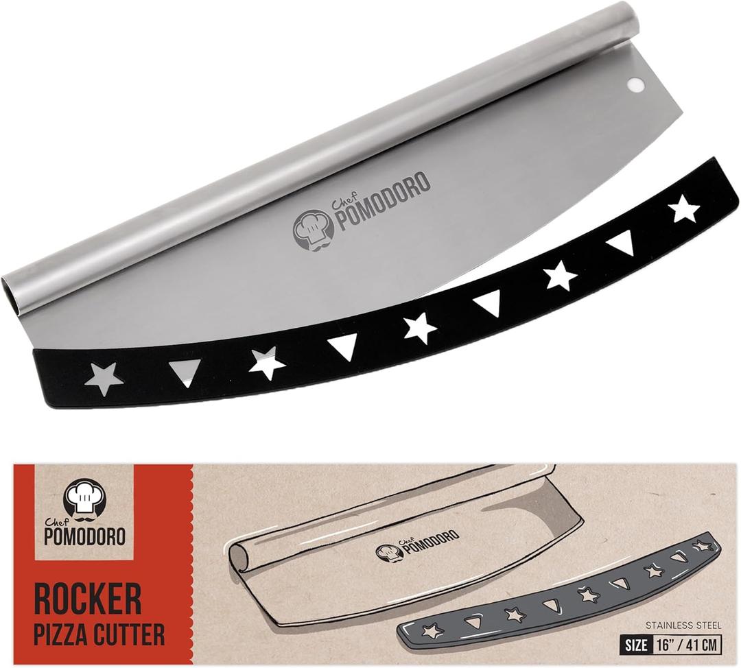 Chef Pomodoro 16 Inch Pizza Cutter Rocker Blade  Stainless Steel Rocking Pizza Cutter Knife with Cover  Professional Pizza Slicer  Large Pizza Rocker Knife for Big Pizzas and Flatbreads