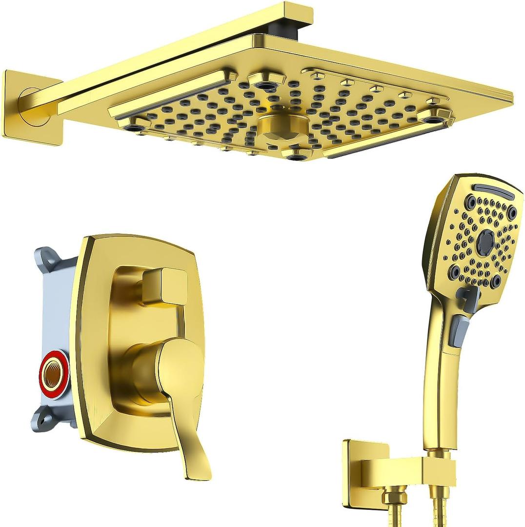 Shower Faucet Set, Rainfall Shower Head with Handheld Brushed Gold