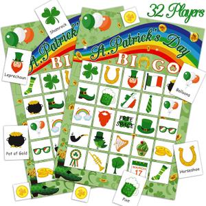 Moon Boat 32 Players St. Patrick's Day Bingo Card Game for Adults Shamrock Party Activity