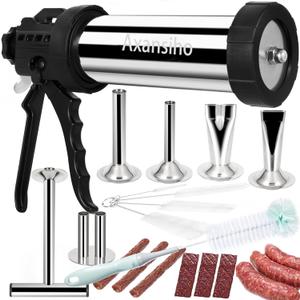 Stainless Steel 2.1 LB Large Capacity Jerky Gun Kits, 12-Piece Professional Jerky Maker, Jerky Cannon, Jerky Shooter, Meat Gun, Beef Jerky Making Gun with 5 Nozzles 5 Brushes & 1 Meat Pusher