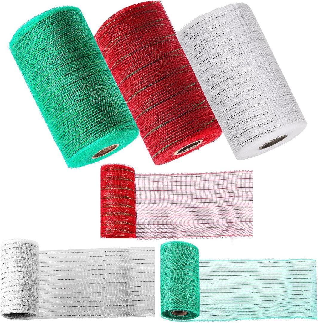 Swpeet 3 Rolls 6 Inches Mesh Ribbon Glitter Metallic Wrapping Ribbon Kit, Glitter Tulle Fabric Spool Ribbon Metallic Foil Mesh Ribbon for DIY Project Wreaths Party Decorations Wrapping Craft