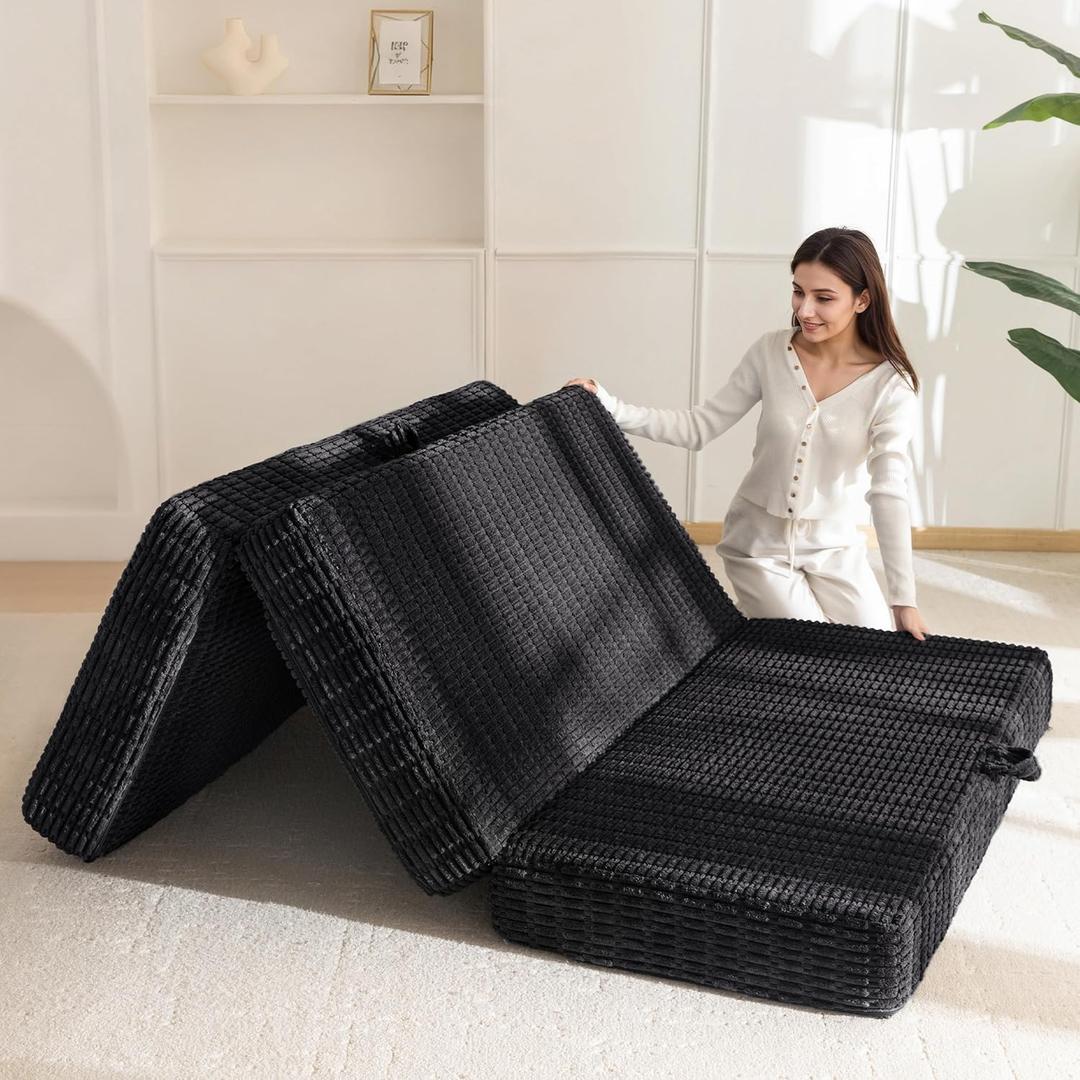 BYBYME Memory Foam Tri-Folding Mattress, 6 Inch Gel Folding Mattress Topper, Foldable Soft Guest Bed Camping Pad, with Washable Cover (Queen, Black)