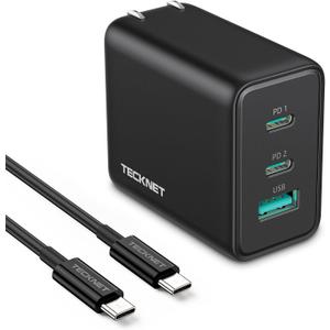 TECKNET 65W GaN Wall Charger PD 3.0 USB-C Travel Adapter,3-Port Foldable Fast Charger with 5ft Cable for iPhone 16 Pro Max/16 Plus/16/15/iPad/Galaxy S24/S25/MacBook Pro/Switch and More Series