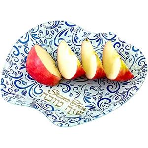 Amazon.com | Rosh Hashanah Glass Apple Plate with Blue and Gold Jewish New Year Hostess Party Favors Cooking Serving Kitchen Accessories Holiday Presents Shana Tova Table Decorations: Serving Trays