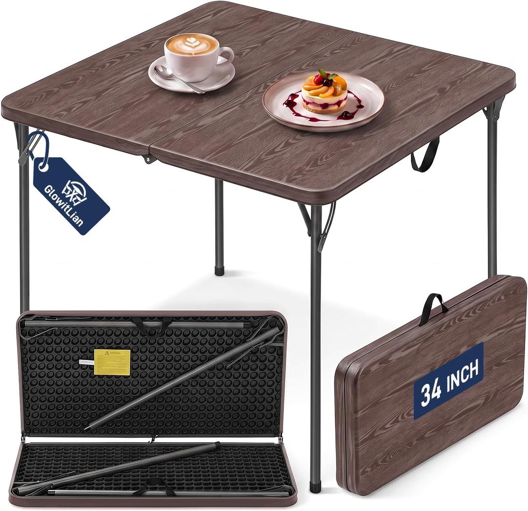 34" Square Folding Table for 4 Person, 330lbs Weight Capacity Foldable Table with HDPE Tabletop & Heavy-Duty Steel Legs, Portable Picnic Table for Indoor Outdoor Parties, Camping, Coffee Woodgrain, 34" x 34" x 28.54" inches