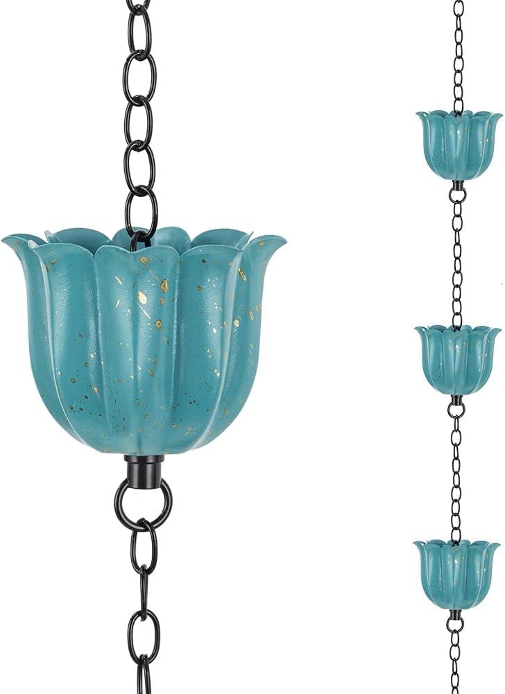 8.2ft Rain Chains for Outside, 10-Cup Lotus Rain Chain Replacement Downspout for Gutters, Eaves, Drainage, Adjustable Length(Light Blue)