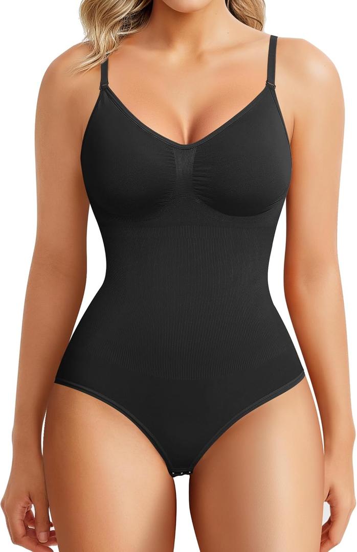 BRABIC Womens' Seamless Sleeveless V-Neck Bodysuit Shapewear Tummy Control (Medium/Large, Black Brief)