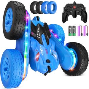 Remote Control Car,RC Cars with Sides Light Strip and Headlights,Double Sided 360 Flips Rotating RC Stunt Car,2.4Ghz All Terrain Toys for Ages 4-8 Kids Toy for Boys Birthday Gift(Blue)