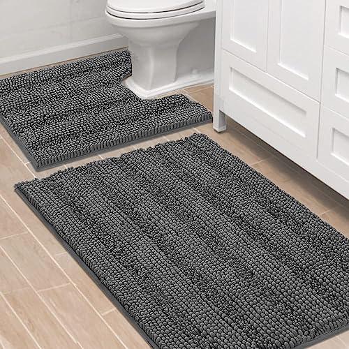 H.VERSAILTEX Bathroom Rugs Bath Rug Set 2 Piece Bathroom Contour Rug Toilet Mat Sets Non Slip Contour Bath Rug Ultra Thick Water Absorbent Striped Bath Mats Washable(36" x 24" Plus 20" x 24" U, Grey)