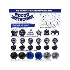 Birthday Decorations Blue Black, Happy Birthday Party Decorations for Men Women Boys Girls, Happy Birthday Banner, Double-Sided Bday Pattern Card, Birthday Sash, Pompoms, Hanging Swirl Bday Decor Set…
