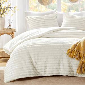 Intelligent Design Queen Comforter Set, Plush Bedding, Microfiber Reverse, 3 Piece, Lightweight, Super Soft Ribbed Velvet Comforter 2 Shams, All Season Fluffy Bed Set, Avril, Full/Queen Ivory